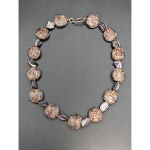 Vintage 925 Foiled Rolled Glass Bead & Purple Baroque Pearl Necklace/Choker